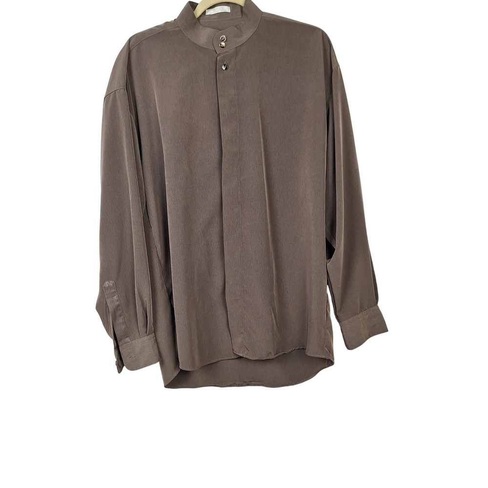 ELLIOTT Men's Band Collar Shirt Taupe Long Sleeve Button Up Size M